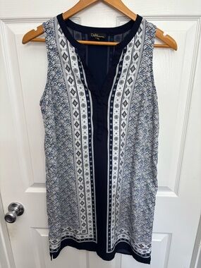 Dalia Navy & White Printed V-Neck Lined Sleeveless Sheath Dress, Sz 6